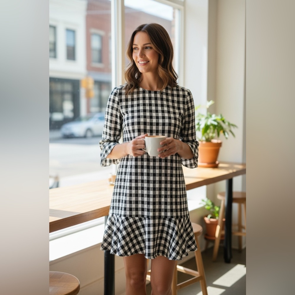 ZARA Basic Collection gingham plaid ruffle bottom shift dress ivory black Sz S